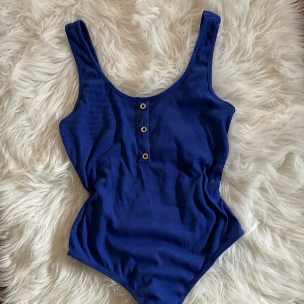Blue Bodysuit Tank with wood-like Buttons